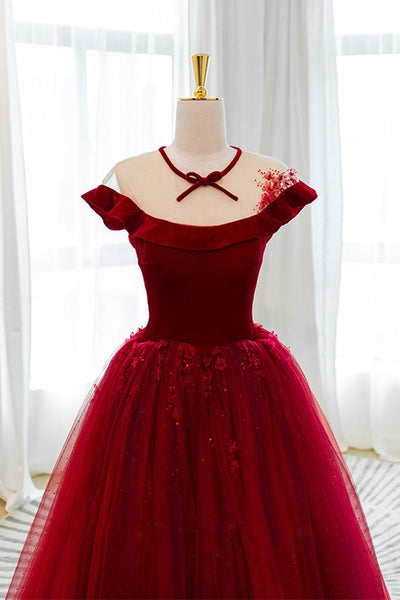 Shiny Burgundy Tulle Round Neck Long Prom Dresses, Burgundy Tulle Formal Evening Dresses