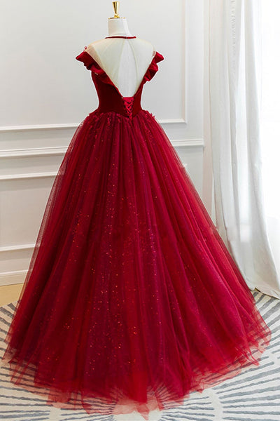 Shiny Burgundy Tulle Round Neck Long Prom Dresses, Burgundy Tulle Formal Evening Dresses