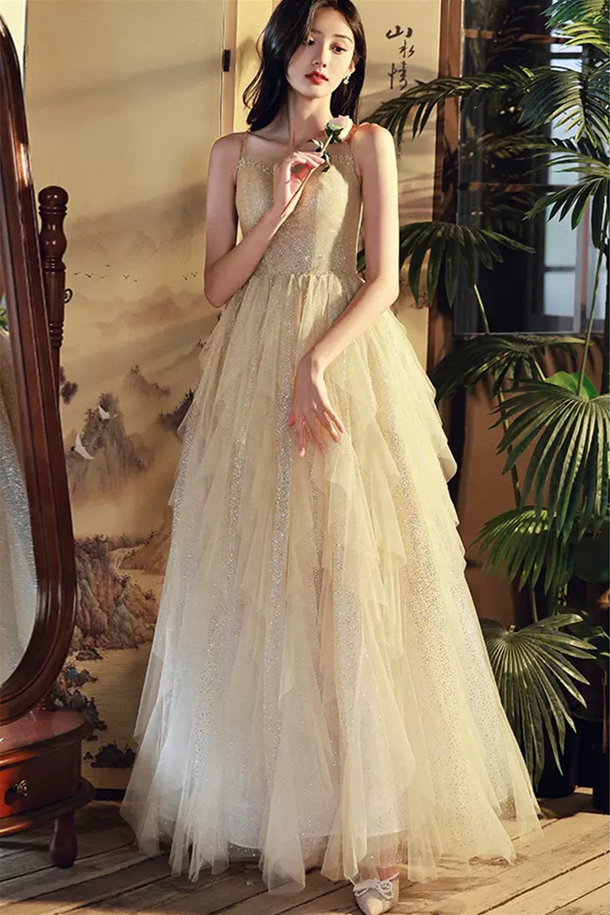 Shiny Champagne Tulle Long Prom Dresses, Layered Champagne Formal Grad Lwt Dress Shiny Champagne Tulle Long Prom Dresses, Layered Champagne Formal Grad Lwt Dress