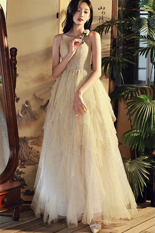 Shiny Champagne Tulle Long Prom Dresses, Layered Champagne Formal Graduation Evening Dresses WT1228