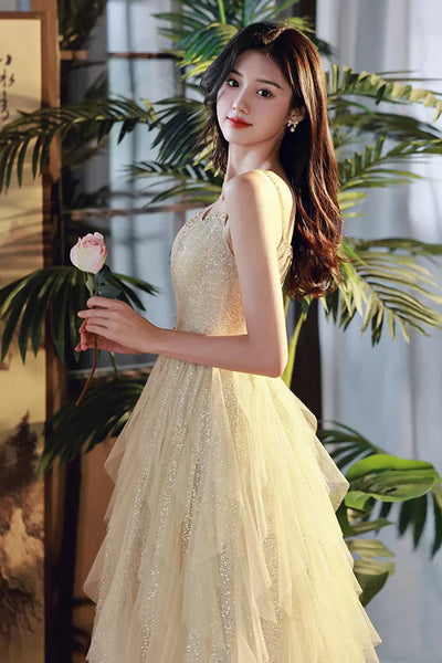 Shiny Champagne Tulle Long Prom Dresses, Layered Champagne Formal Graduation Evening Dresses WT1228