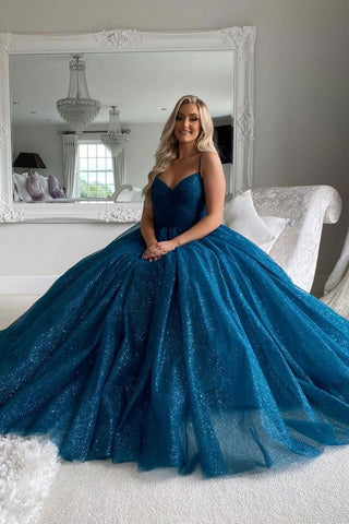 Shiny Dark Blue Tulle V Neck Long Prom Dresses, V Neck Dark Blue Formal Dresses, Dark Blue Evening Dresses