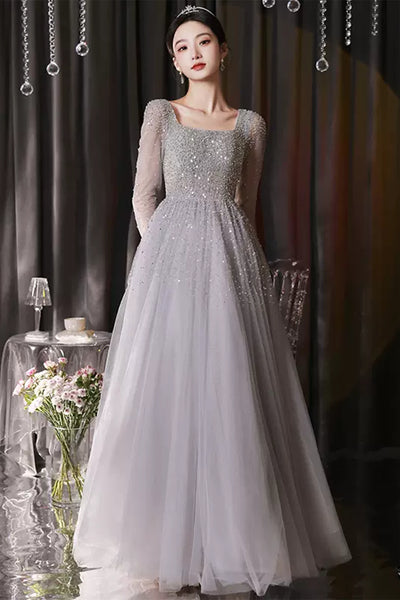 Shiny Gray Sequins Long Sleeves Long Prom Dresses, Gray Tulle Formal Graduation Evening Dresses WT1076