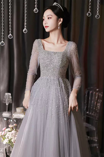 Shiny Gray Sequins Long Sleeves Long Prom Dresses, Gray Tulle Formal Graduation Evening Dresses WT1076