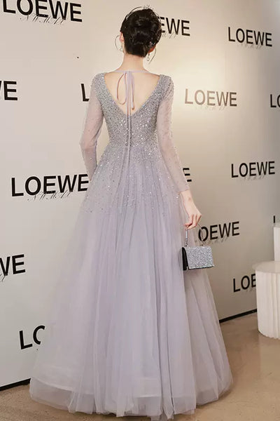 Shiny Gray Sequins Long Sleeves Long Prom Dresses, Gray Tulle Formal Graduation Evening Dresses WT1076