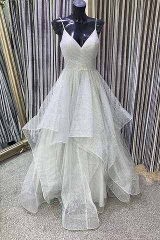 Shiny Gray Tulle V Neck Puffy Long Prom Dresses, V Neck Gray Formal Dresses, Grey Evening Dresses