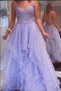Shiny Lavender Lace Long Prom Dresses V Neck Open Back Layered Purple Formal Evening Dresses