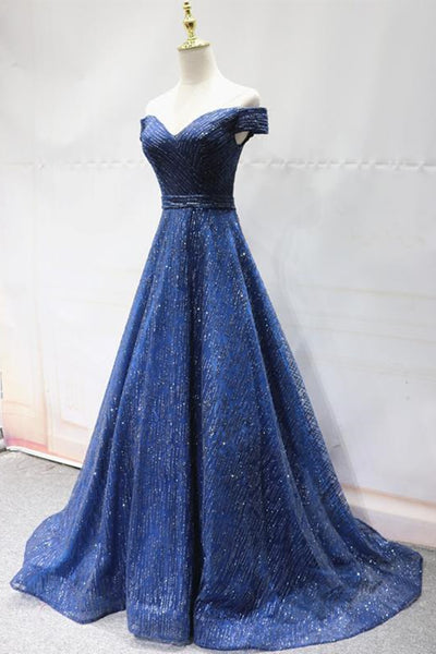 Shiny Off Shoulder Blue Long Prom Dresses, Long Blue Formal Evening Dresses