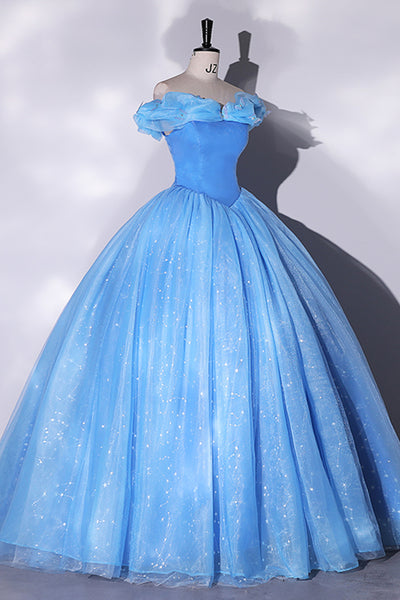 Shiny Off Shoulder Blue Tulle Long Prom Dresses, Off the Shoulder Formal Evening Dresses, Ball Gown WT1196