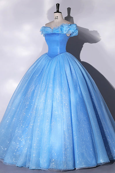 Shiny Off Shoulder Blue Tulle Long Prom Dresses, Off the Shoulder Formal Evening Dresses, Ball Gown WT1196