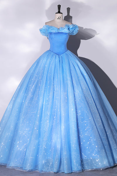 Shiny Off Shoulder Blue Tulle Long Prom Dresses, Off the Shoulder Formal Evening Dresses, Ball Gown WT1196