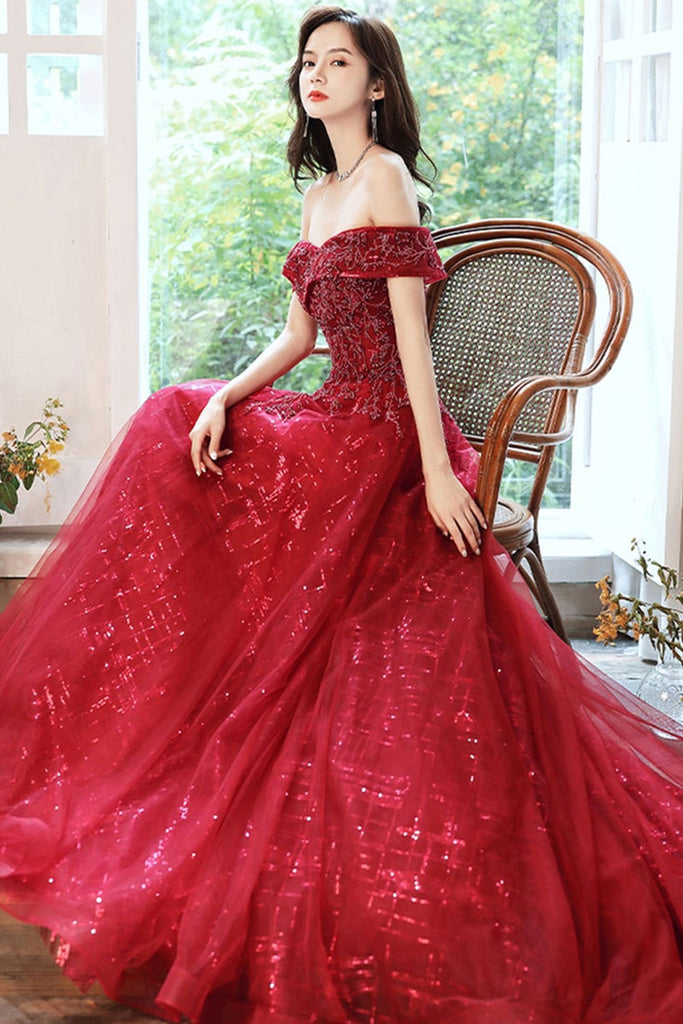 Shiny Off Shoulder Burgundy Beaded Long Prom Dresses, Off the Shoulder Lwt Dress Shiny Off Shoulder Burgundy Beaded Long Prom Dresses, Off the Shoulder Lwt Dress
