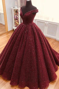 Shiny Off Shoulder Burgundy Long Prom Dresses, Off the Shoulder Ball Gown, Burgundy Formal Evening Dresses