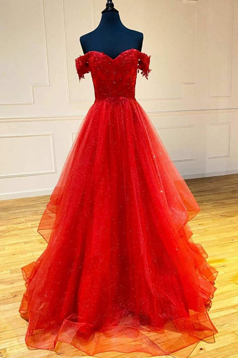 Shiny Off Shoulder Red Lace Long Prom Dresses, Off the Shoulder Red Formal Dresses, Red Evening Dresses