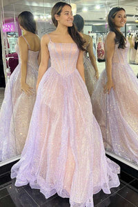 Shiny Pink Tulle A Line Spaghetti Straps Long Prom Dresses, Pink Formal Graduation Evening Dresses WT1099