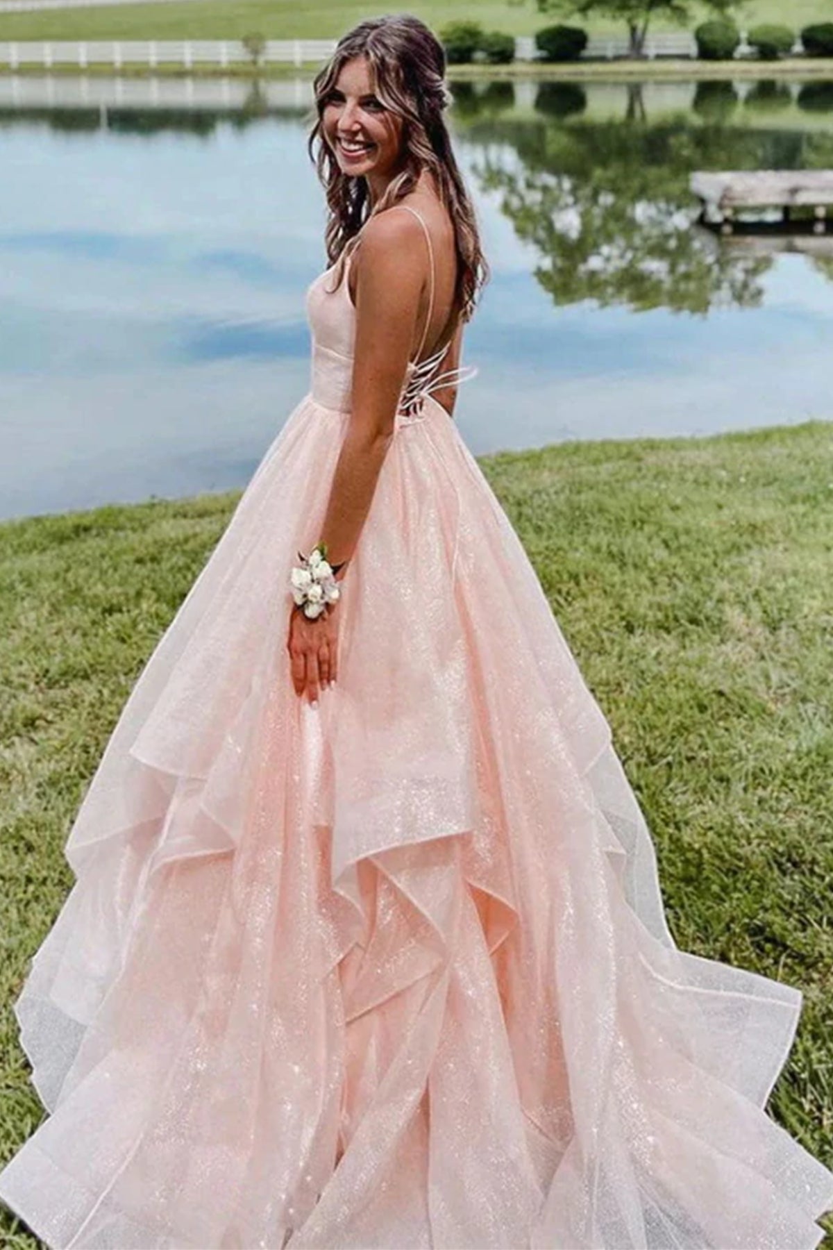 Shiny Pink Tulle Long Prom Dresses A Line V Neck Backless Formal Graduation Evening Dresses