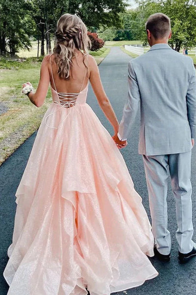 Shiny Pink Tulle Long Prom Dresses A Line V Neck Backless Formal Graduation Evening Dresses