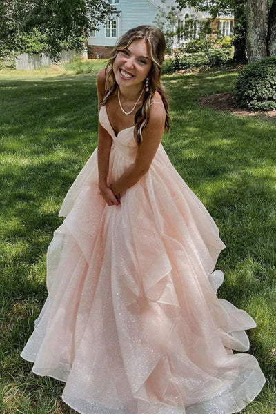 Shiny Pink Tulle Long Prom Dresses A Line V Neck Backless Formal Graduation Evening Dresses