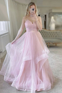 Shiny Pink Tulle V Neck Layered Long Prom Dresses, V Neck Pink Formal Dresses, Pink Evening Dresses