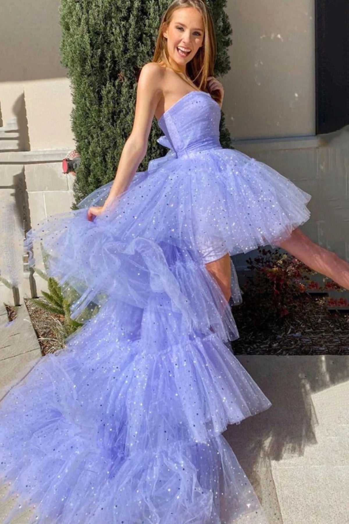 Shiny Purple Tulle Long Prom Dresses High Low Strapless Lilac Tulle Layered Formal Evening Dresses