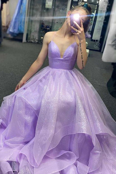 Shiny Purple Tulle Long Prom Dresses High Low V Neck Lilac Formal Even – Lwt  Dress