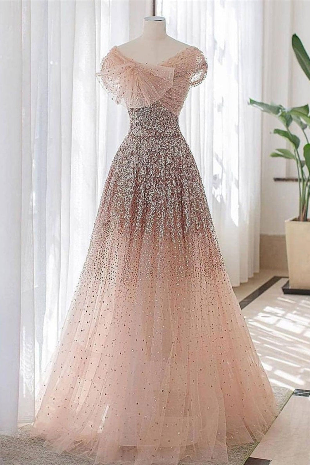 Shiny Sequins Champagne Pink Tulle Long Prom Dresses, Champagne Pink Formal Graduation Evening Dresses