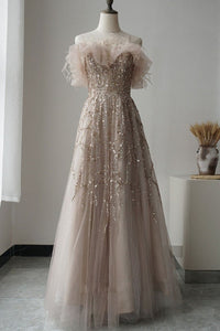 Shiny Sequins Champagne Tulle Long Prom Dresses, Long Champagne Formal Evening Dresses