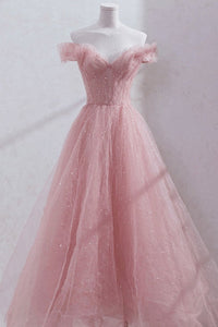 Shiny Sequins Off Shoulder Tea Length Pink Prom Dresses, Off the Shoulder Pink Formal Evening Dresses
