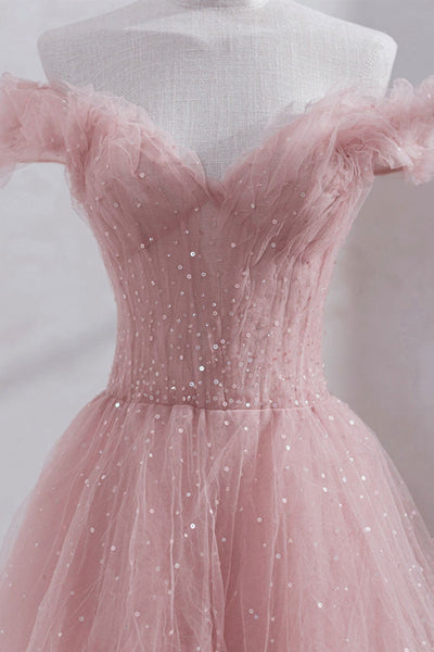 Shiny Sequins Off Shoulder Tea Length Pink Prom Dresses, Off the Shoulder Pink Formal Evening Dresses