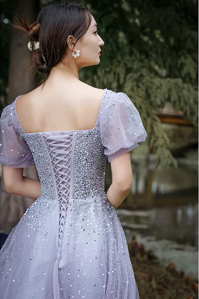 Shiny Sequins Short Sleeves Light Purple Tulle Long Prom Dresses, Eleg Lwt Dress Shiny Sequins Short Sleeves Light Purple Tulle Long Prom Dresses, Eleg Lwt Dress