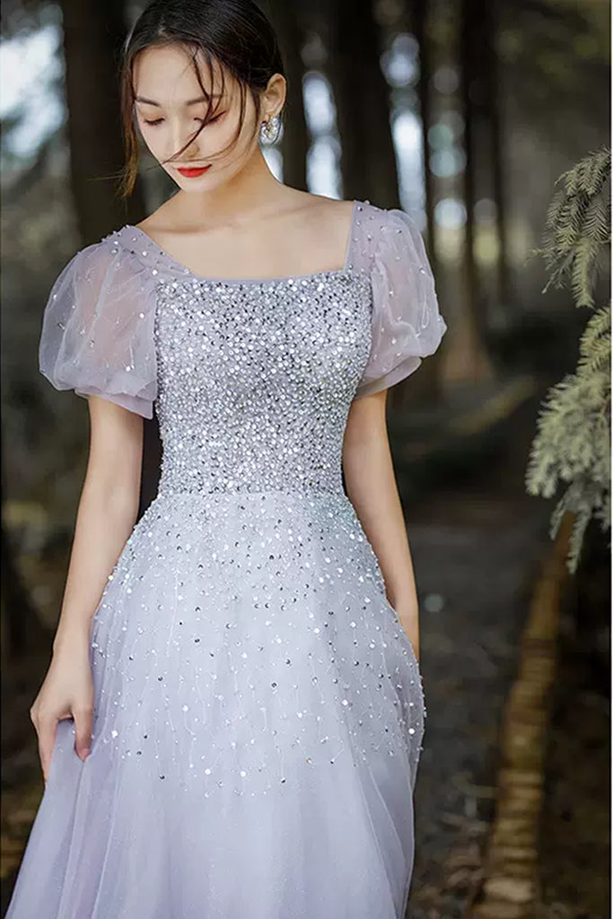 light purple graduation dress Shiny Sequins Short Sleeves Light Purple Tulle Long Prom Dresses, Eleg – Lwt Dress