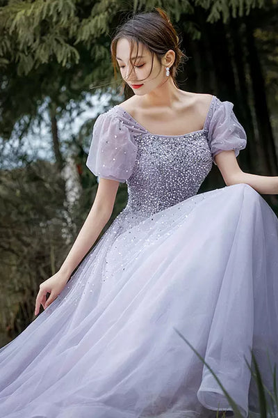 Shiny Sequins Short Sleeves Light Purple Tulle Long Prom Dresses, Elegant Purple Formal Graduation Evening Dresses WT1004