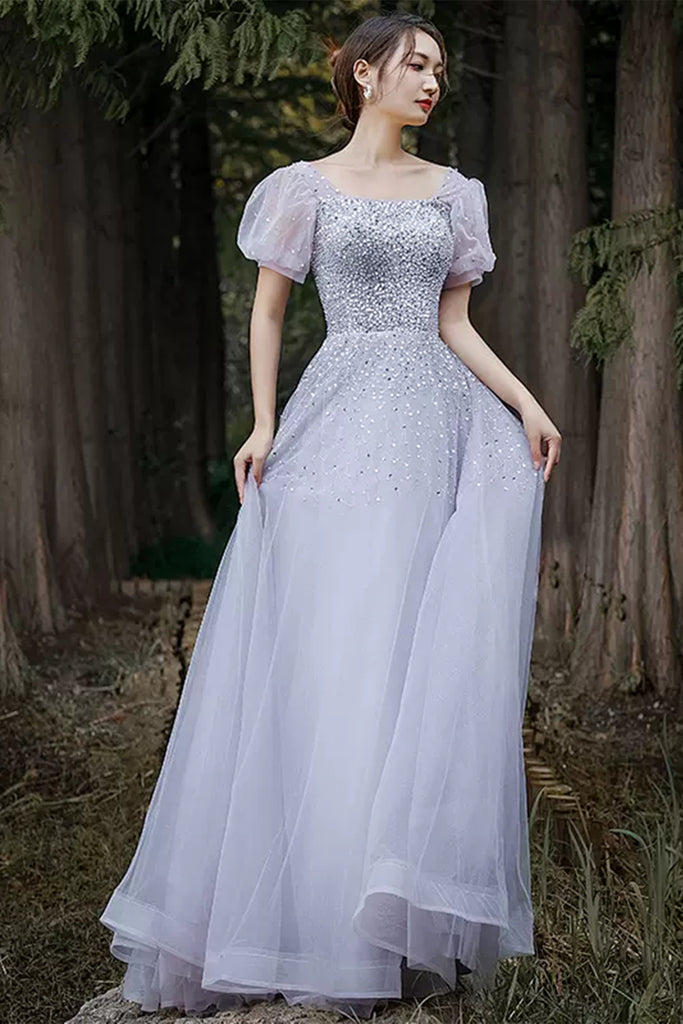 Shiny Sequins Short Sleeves Light Purple Tulle Long Prom Dresses, Eleg Lwt Dress Shiny Sequins Short Sleeves Light Purple Tulle Long Prom Dresses, Eleg Lwt Dress