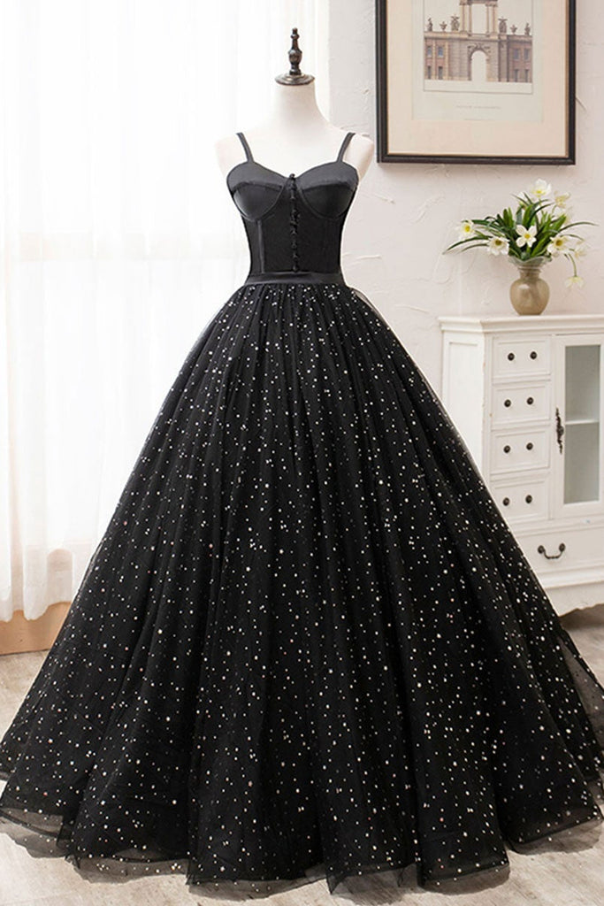 black shiny formal dress Shiny Black Sequin Tulle Prom Dresses With Feather Neckline, A-line Prom Dresses, 2023 Prom Dresses