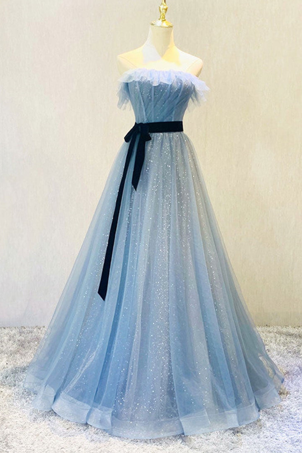 Shiny Sequins Tulle Blue Strapless Long Prom Dresses, Open Back Blue Formal Dresses, Blue Evening Dresses
