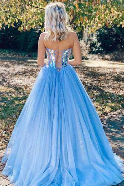 Shiny Sweetheart Neck Sequins Blue Tulle Long Prom Dresses, Long Blue Formal Evening Dresses