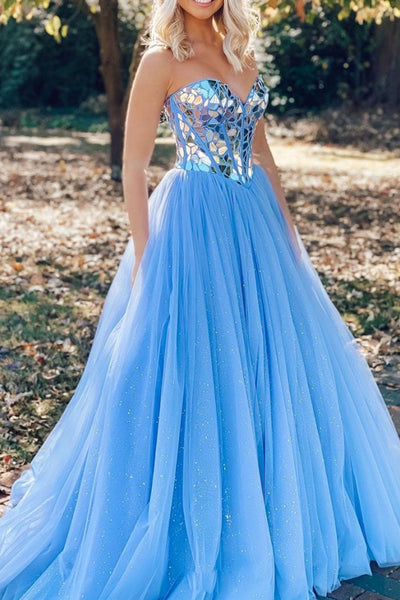 Shiny Sweetheart Neck Sequins Blue Tulle Long Prom Dresses, Long Blue Formal Evening Dresses