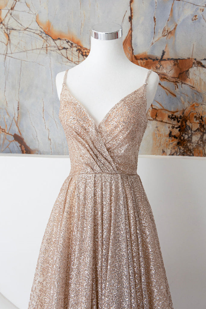 Shiny Tulle A Line V Neck Champagne Long Prom Dresses, Long Champagne
