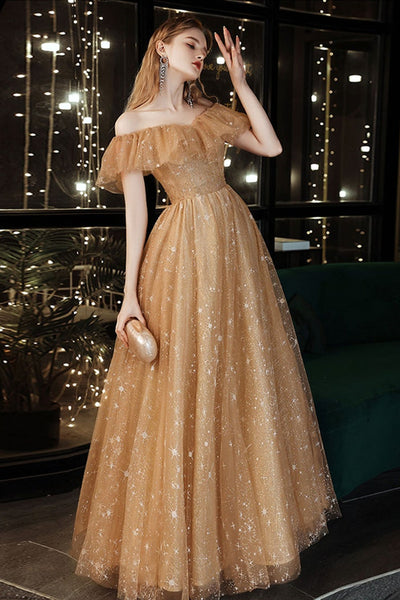Shiny Tulle Golden Off Shoulder Long Prom Dresses, Off the Shoulder Golden Formal Dresses, Golden Evening Dresses
