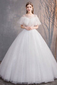 Shiny Tulle Round Neck White Long Prom Dresses, Shiny White Wedding Dresses, White Formal Evening Dresses