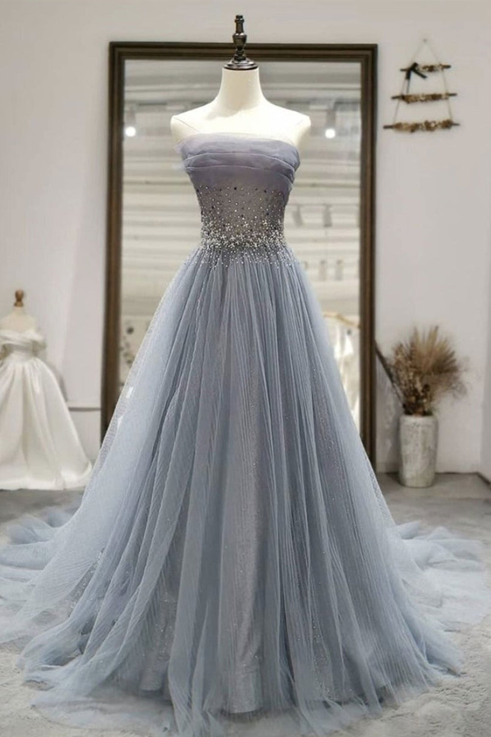 Shiny Tulle Strapless Gray Long Prom Dresses with Sequins, Gray Tulle Formal Dresses, Long Grey Evening Dresses