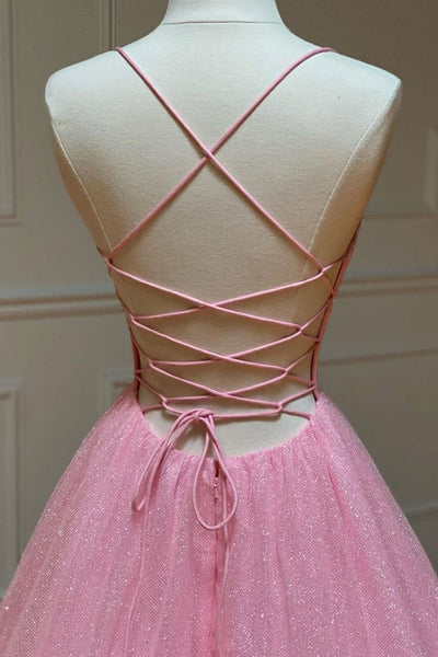 Shiny Tulle V Neck Backless Pink Long Prom Dresses, V Neck Pink Formal Dresses, Pink Evening Dresses