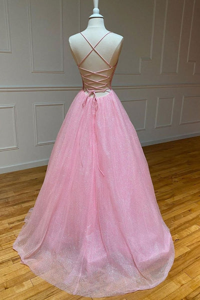 Shiny Tulle V Neck Backless Pink Long Prom Dresses, V Neck Pink Formal Dresses, Pink Evening Dresses