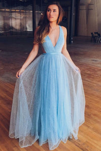 Shiny Tulle V Neck Blue Long Prom Dresses, V Neck Blue Formal Dresses, Sparkly Blue Evening Dresses