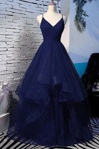 Shiny Tulle V Neck Navy Blue Long Prom Dresses, Puffy Navy Blue Formal Dresses, Navy Blue Evening Dresses