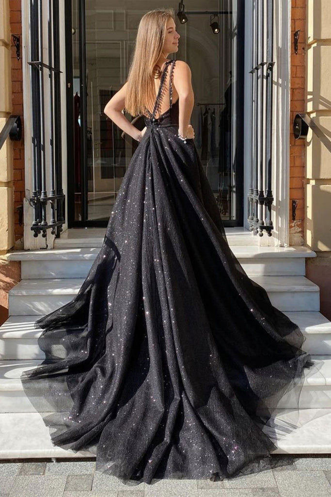 Shiny Tulle V Neck Open Back Black Long Prom Dresses with High Slit, S Lwt Dress Shiny Tulle V Neck Open Back Black Long Prom Dresses with High Slit, S Lwt Dress