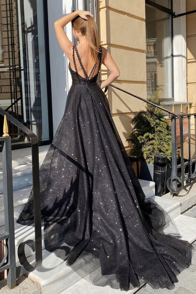 Shiny Tulle V Neck Open Back Black Long Prom Dresses with High Slit, S Lwt Dress Shiny Tulle V Neck Open Back Black Long Prom Dresses with High Slit, S Lwt Dress