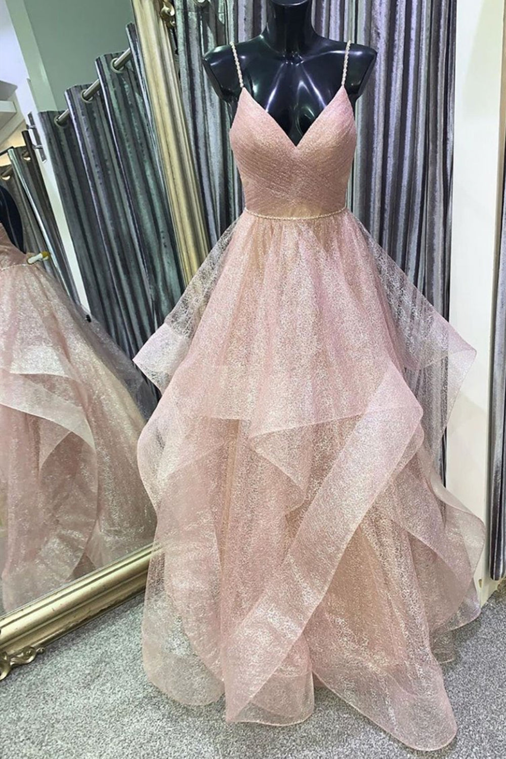 Shiny V Neck Backless Fluffy Pink Long Prom Dresses, V Neck Pink Forma Lwt Dress Shiny V Neck Backless Fluffy Pink Long Prom Dresses, V Neck Pink Forma Lwt Dress