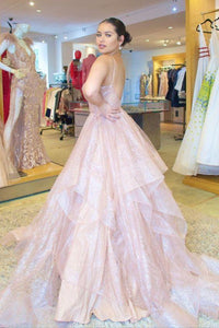 Shiny V Neck Backless Pink Tulle Long Prom Dresses, V Neck Pink Formal Dresses, Backless Pink Evening Dresses