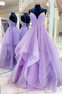 Shiny V Neck Backless Purple Tulle Long Prom Dresses, Fluffy Backless Purple Formal Evening Dresses